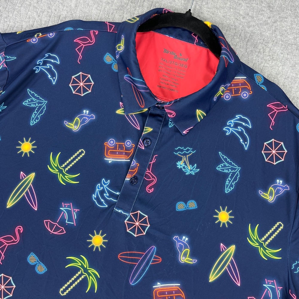 Birdie Bound Polo Shirt Mens 3XL Navy Neon Tropical Flamingo Golf Performance